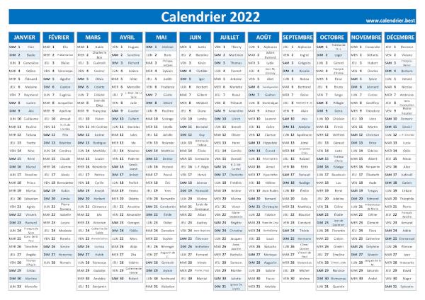 calendrier 2022 avec saints, thème bleu
