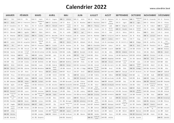 calendrier 2022 avec saints à imprimer
