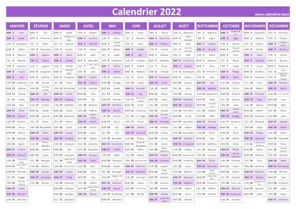 calendrier 2022 avec saints