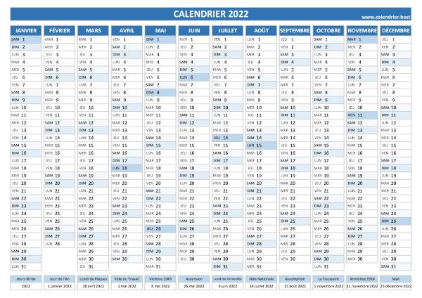 calendrier 2022 avec dates des fêtes légales