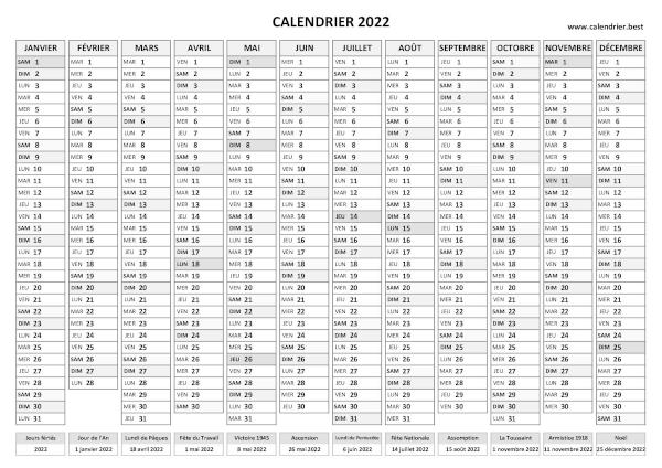 calendrier 2022 avec jours fériés