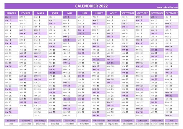 calendrier 2022 avec dates des fêtes légales