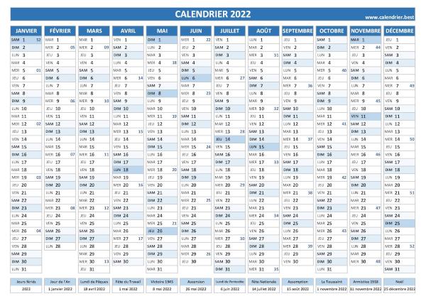 Calendrier 2022 avec numéro de semaine à imprimer