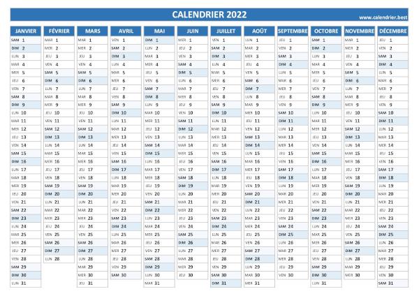 calendrier annuel 2022 vierge