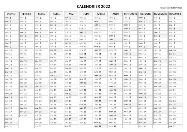 calendrier annuel 2022 vierge