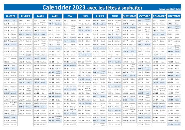 calendrier 2023 avec Saints, thème bleu