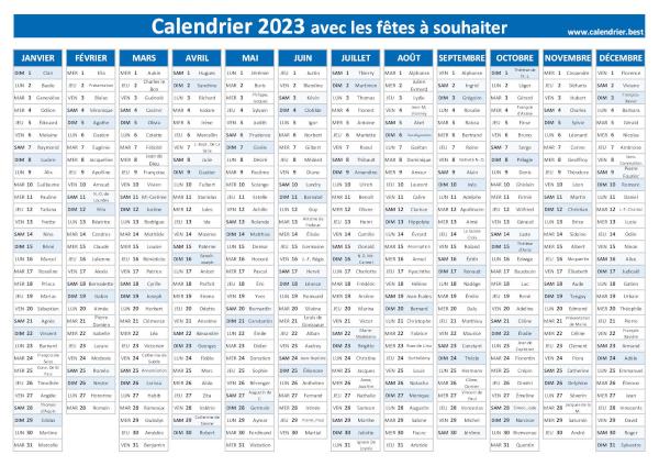 calendrier 2023 avec saints, thème bleu