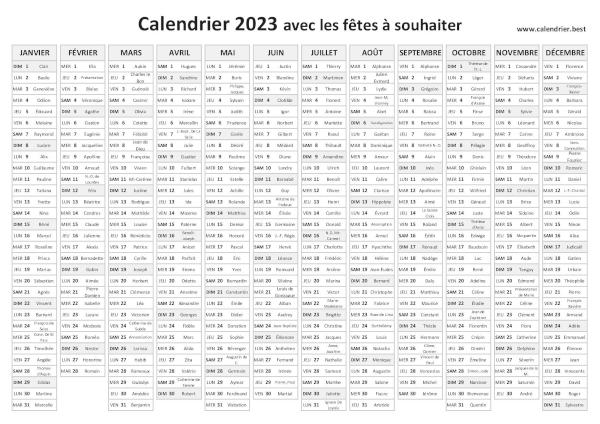 calendrier 2023 avec saints à imprimer