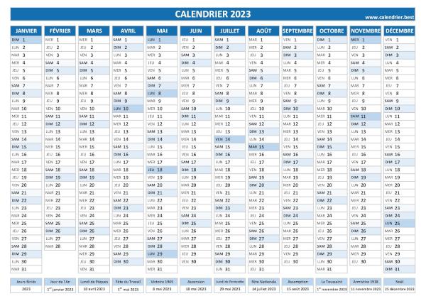 calendrier 2023 avec dates des fêtes légales