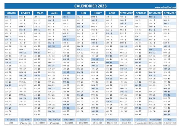 calendrier 2023 avec jours fériés