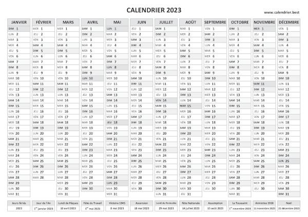 calendrier 2023 avec jours fériés