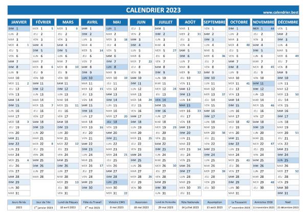 Calendrier 2023 avec numéro de semaine à imprimer