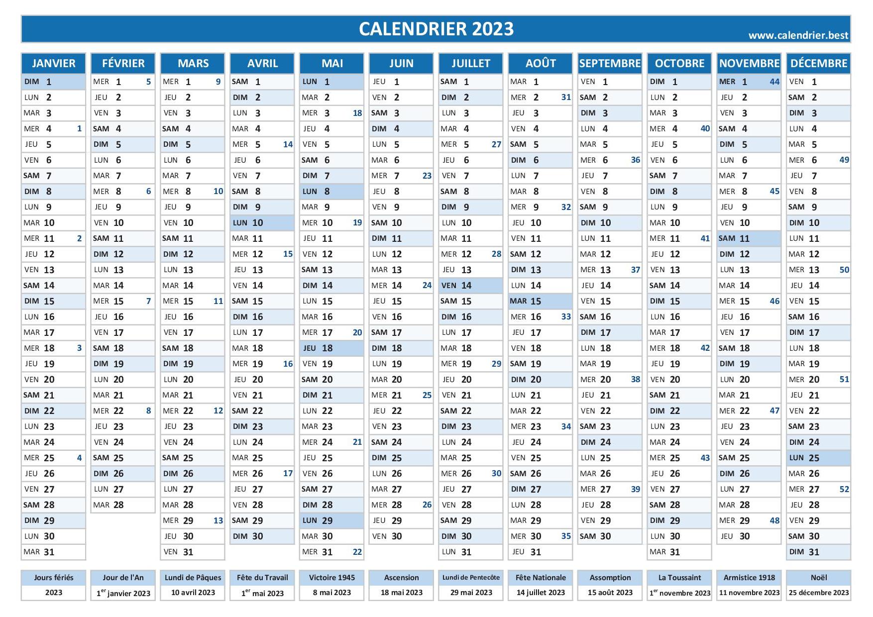 Calendrier 2023 à Imprimer France Gratuitement