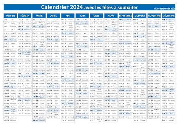 Calendrier 2024 avec saints à imprimer, période du 1er janvier au 31 décembre 2024, thème bleu calendrier 2024 avec saints