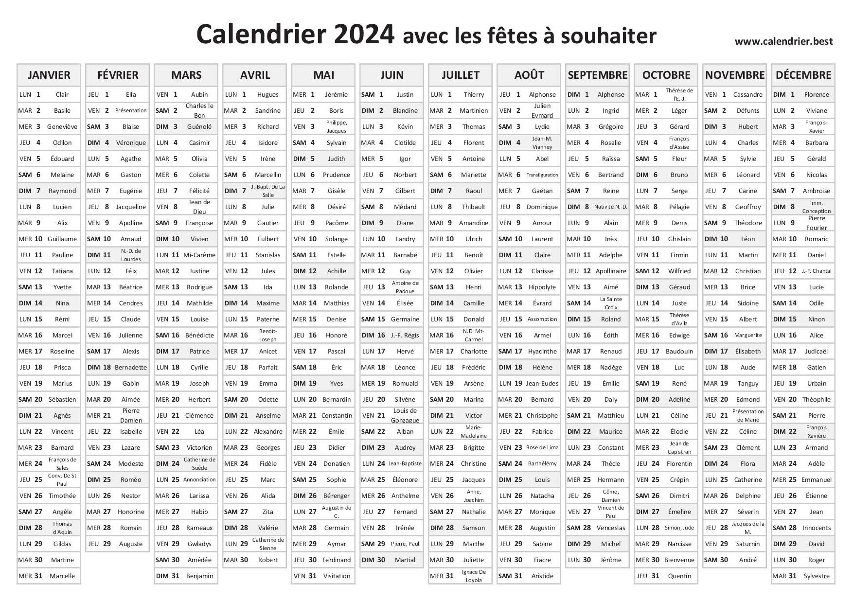 Calendrier des Saints et Fêtes 2024 à consulter et imprimer en PDF