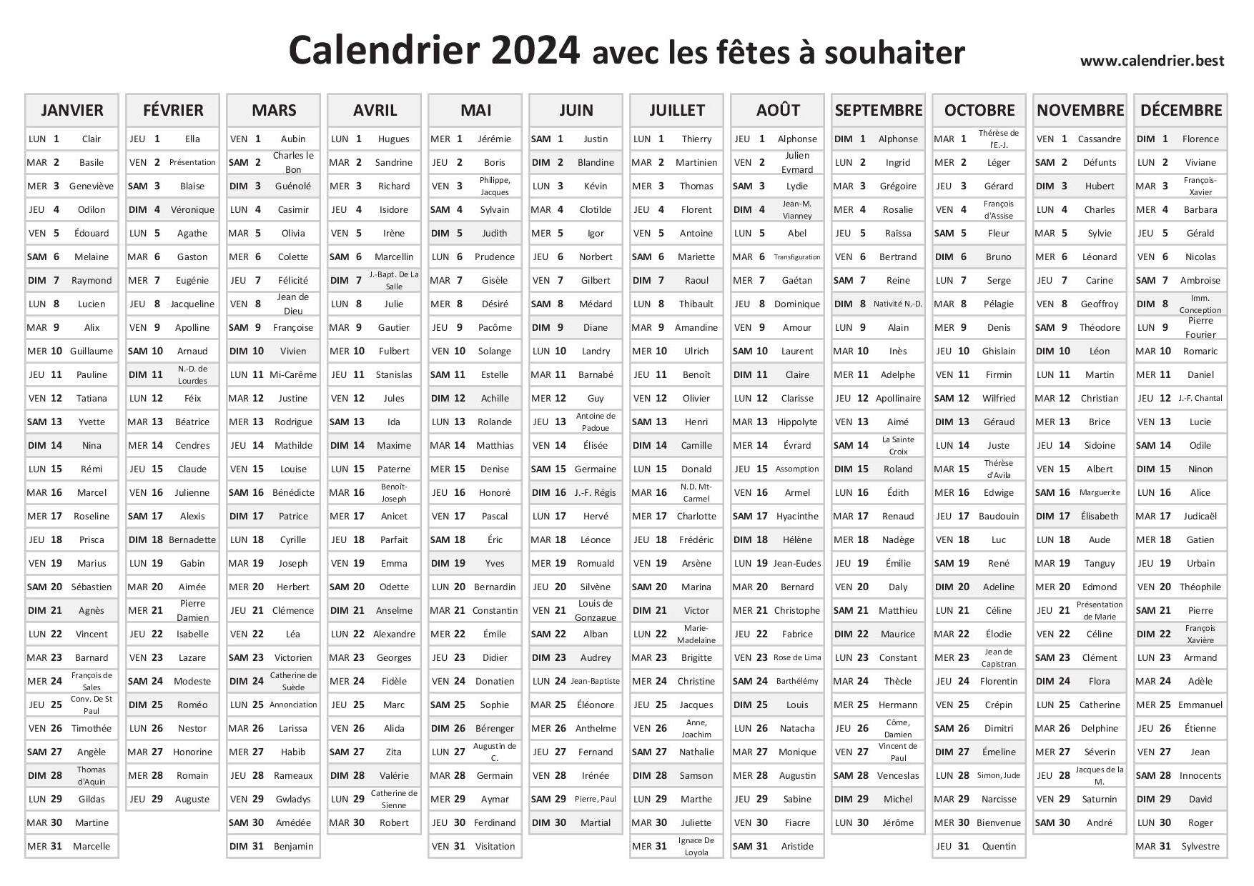 Calendrier 2024 à imprimer