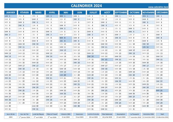 calendrier 2024 avec jours fériés