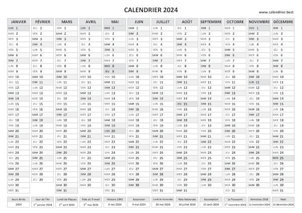 calendrier 2024 avec dates des fêtes légales