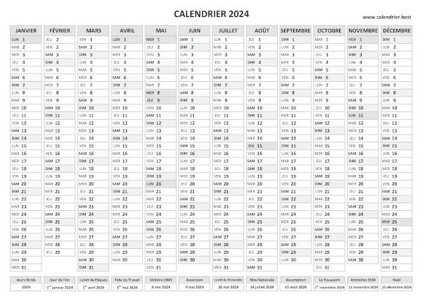 calendrier 2024 avec jours fériés