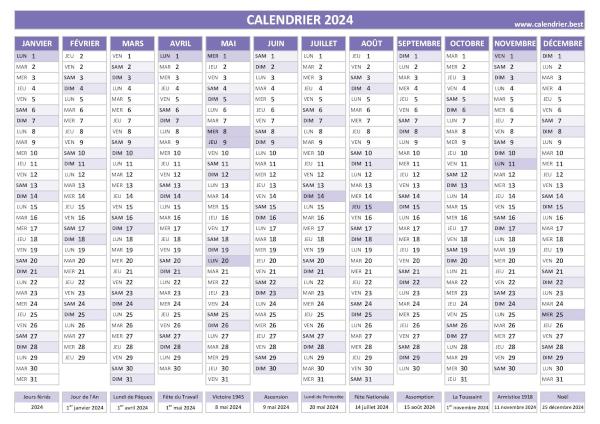 calendrier 2024 avec dates des fêtes légales