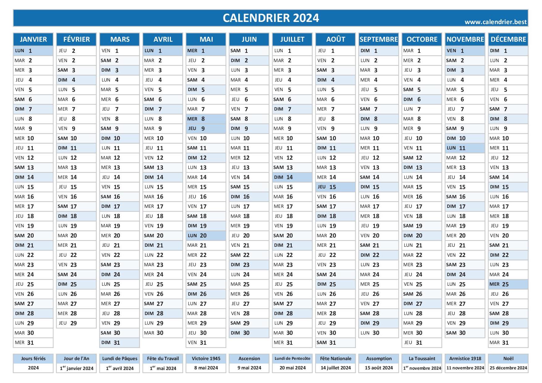 Calendrier 2024 à imprimer