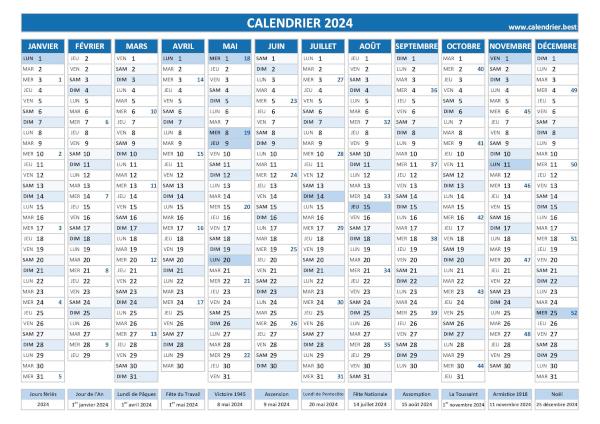 calendrier 2024 avec numéros de semaines et jours fériés