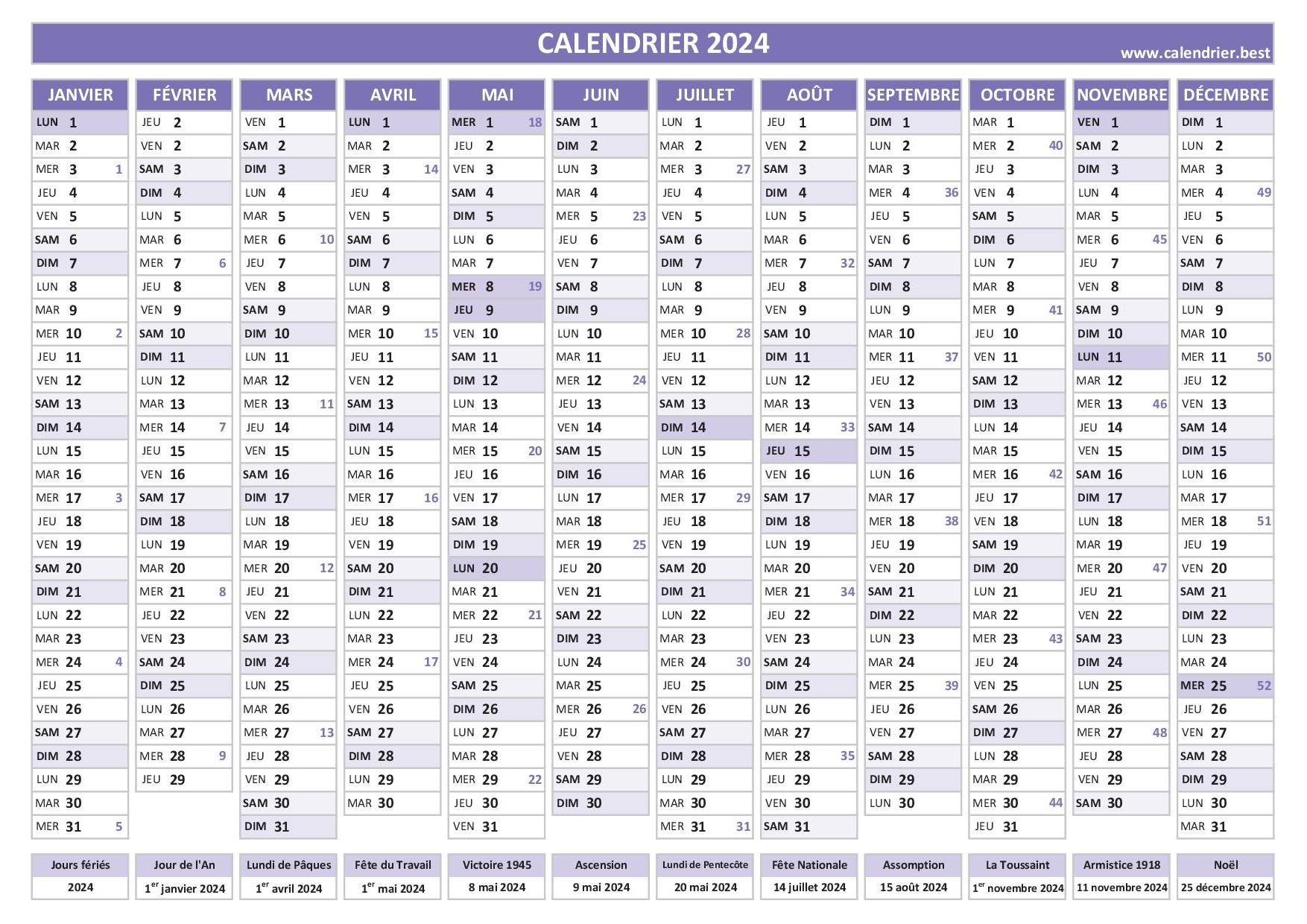 Calendrier 2024 💙 à imprimer gratuit