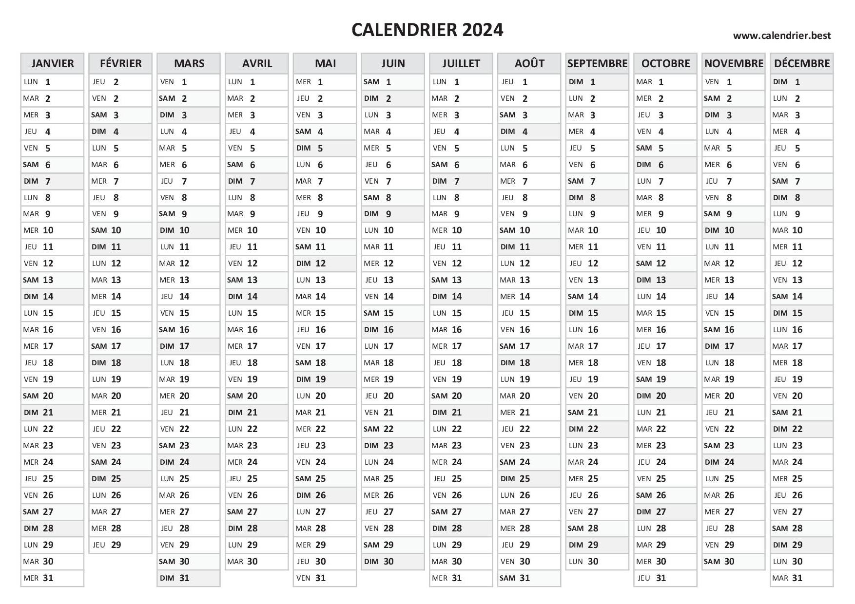 Calendriers mensuels 2024 à imprimer - Mademoiselle