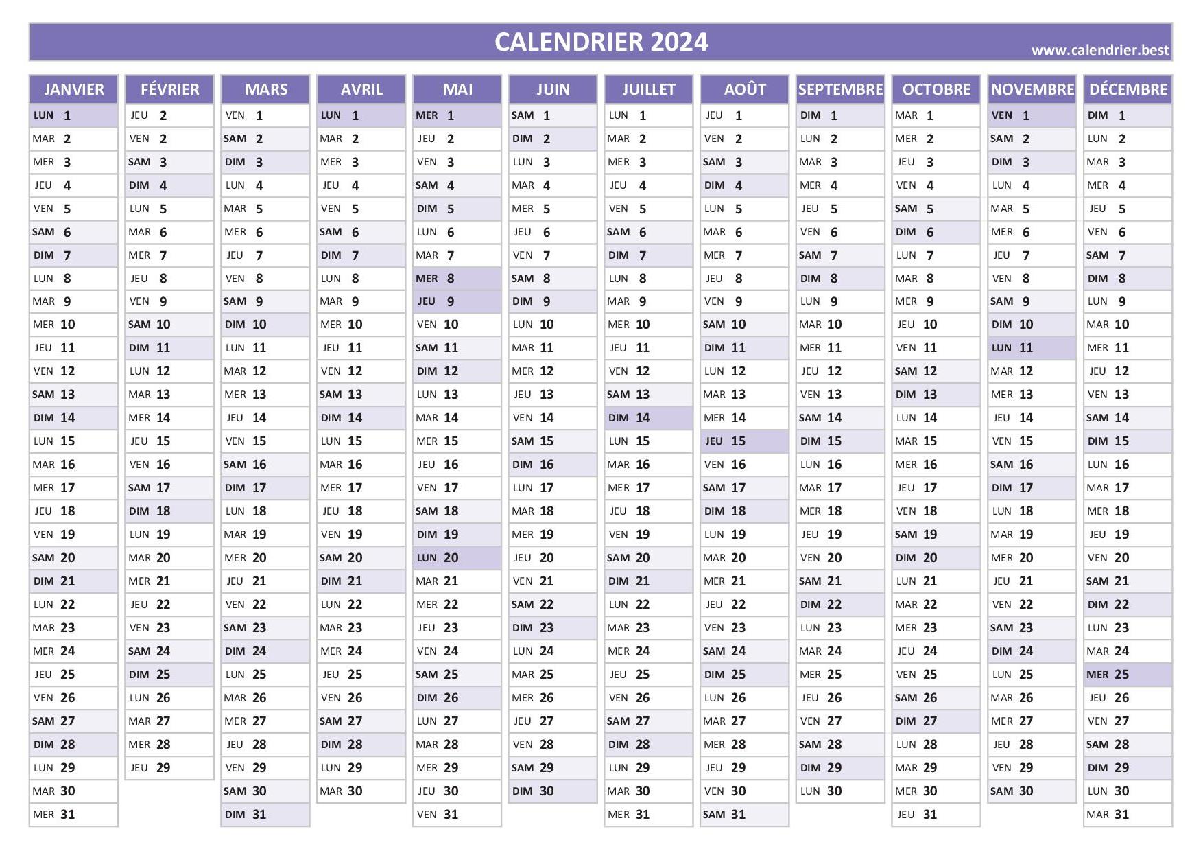 Calendrier Excel 2024 à télécharger