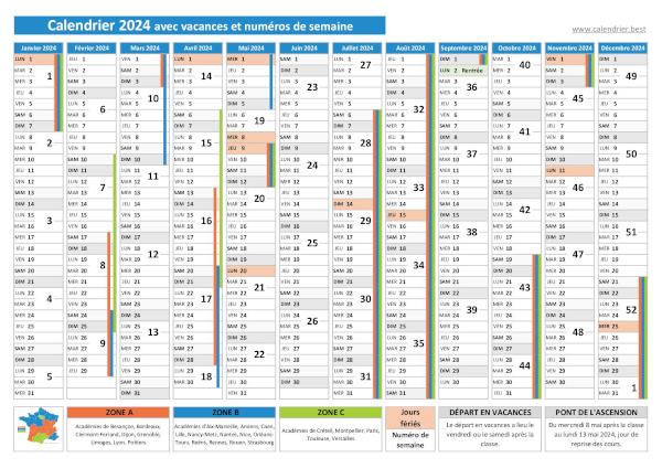 Calendrier 2024 avec vacances scolaires, numéros de semaine et jours fériés