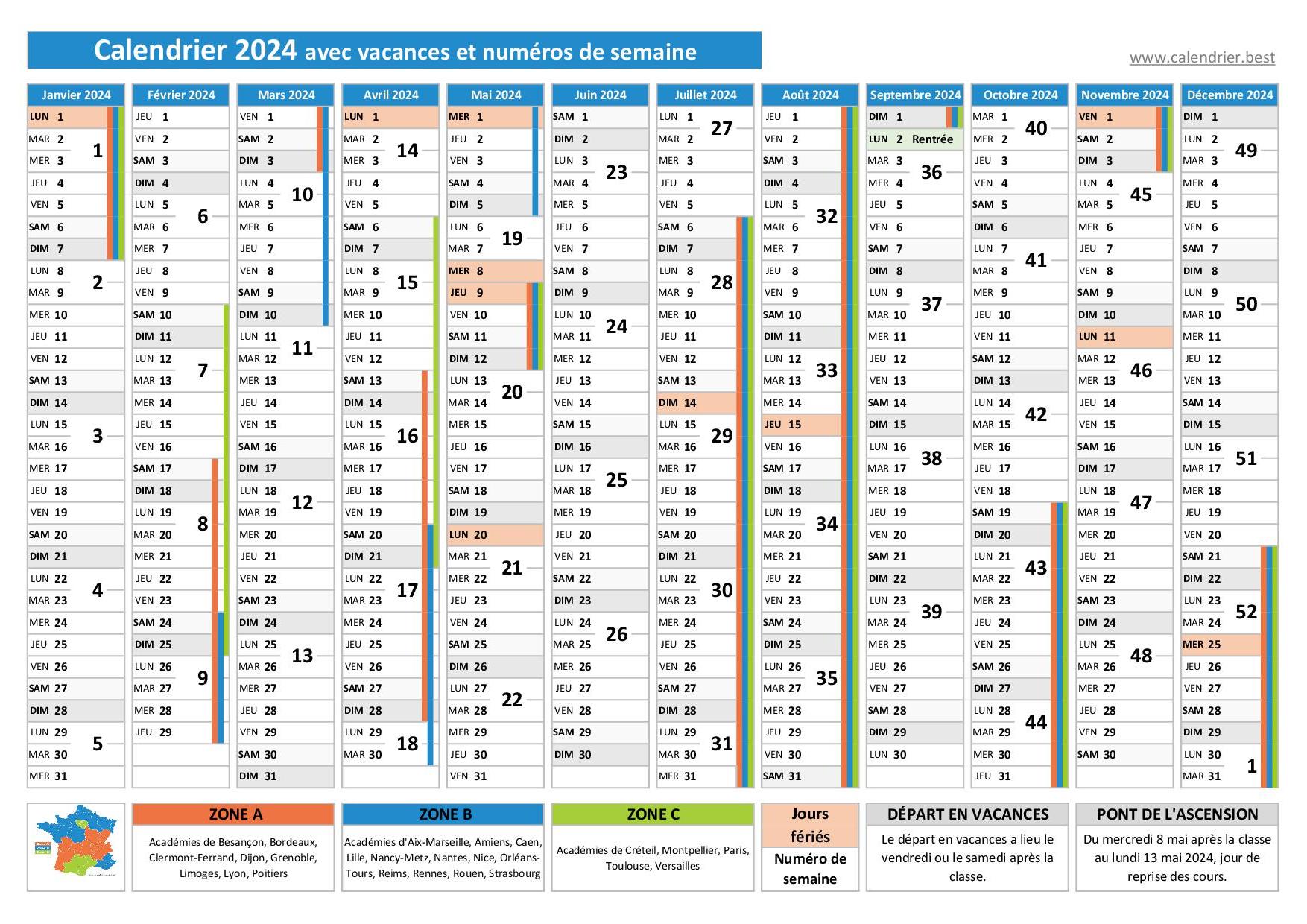 Calendrier 2020 à imprimer : jours fériés, vacances, numéros de