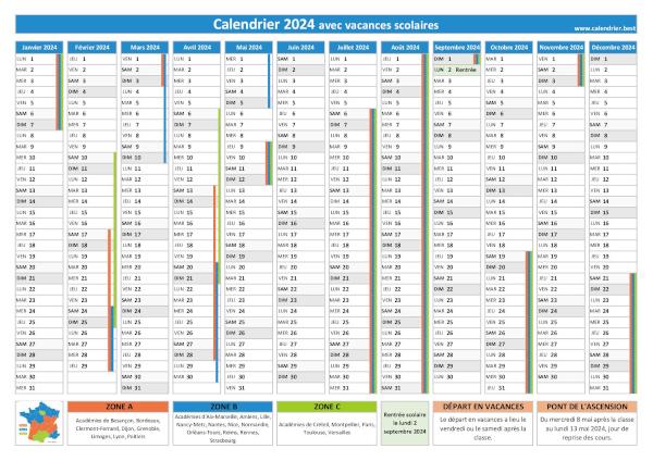 Calendrier 2024 avec les dates des vacances scolaires pour les zones A, B et C