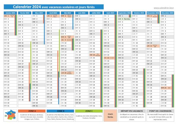 Calendrier 2024 avec vacances scolaires et jours fériés