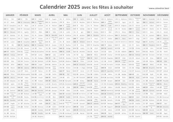 calendrier 2025 avec saints