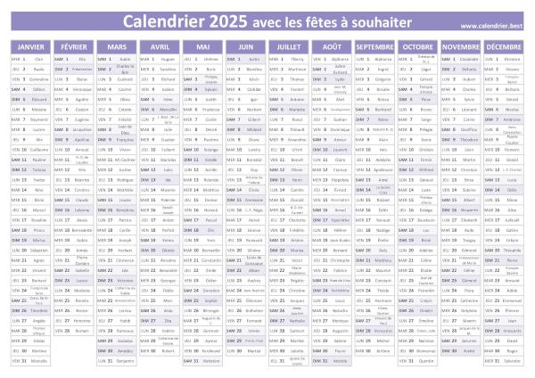 calendrier 2025 avec saints