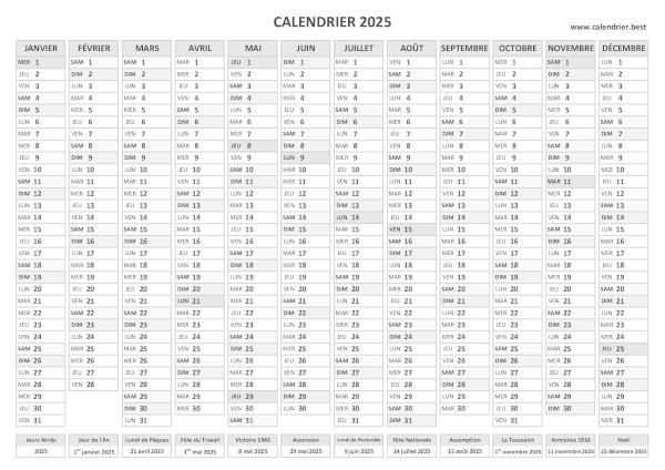 calendrier 2025 avec jours fériés