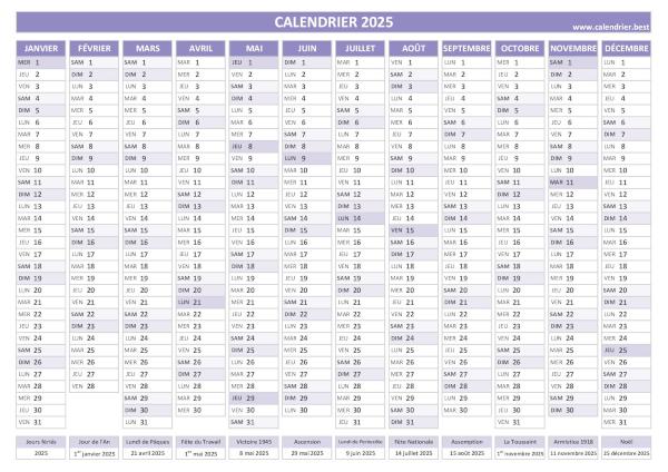 calendrier 2025 avec jours fériés