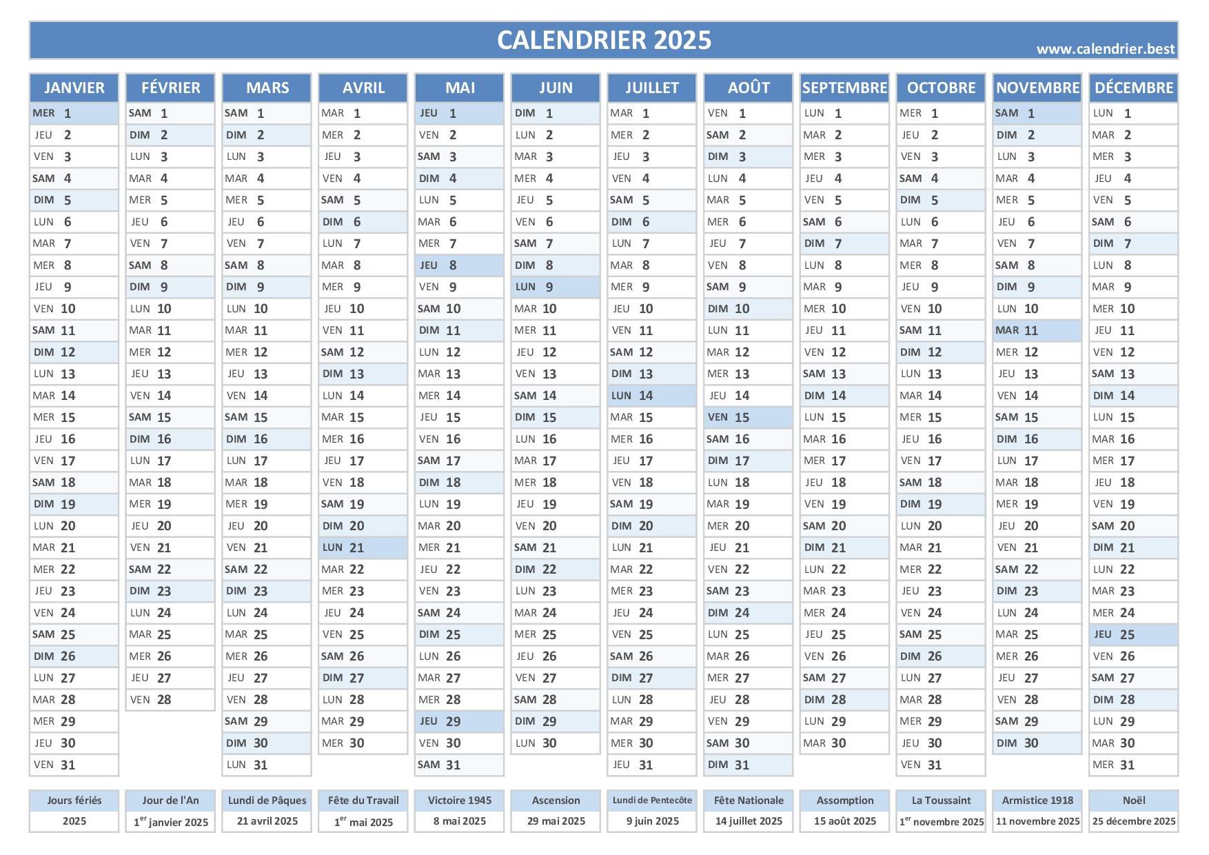 Calendrier 2025