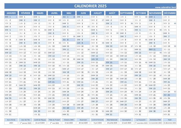 Calendrier 2025 avec numéro de semaine à imprimer