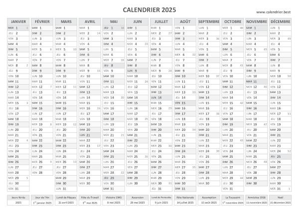 calendrier 2025 avec semaines