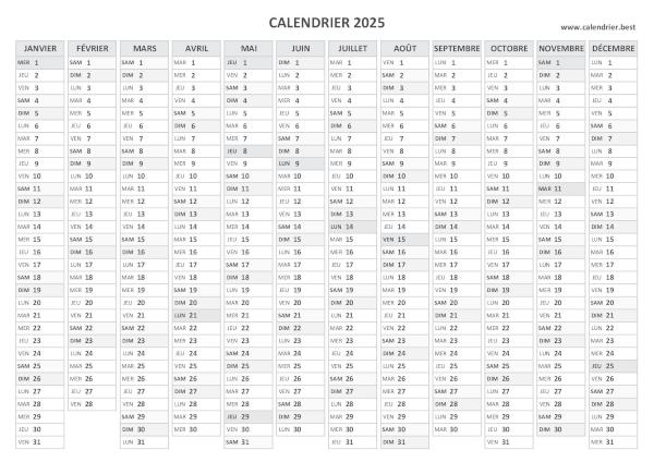 calendrier annuel 2025 vierge