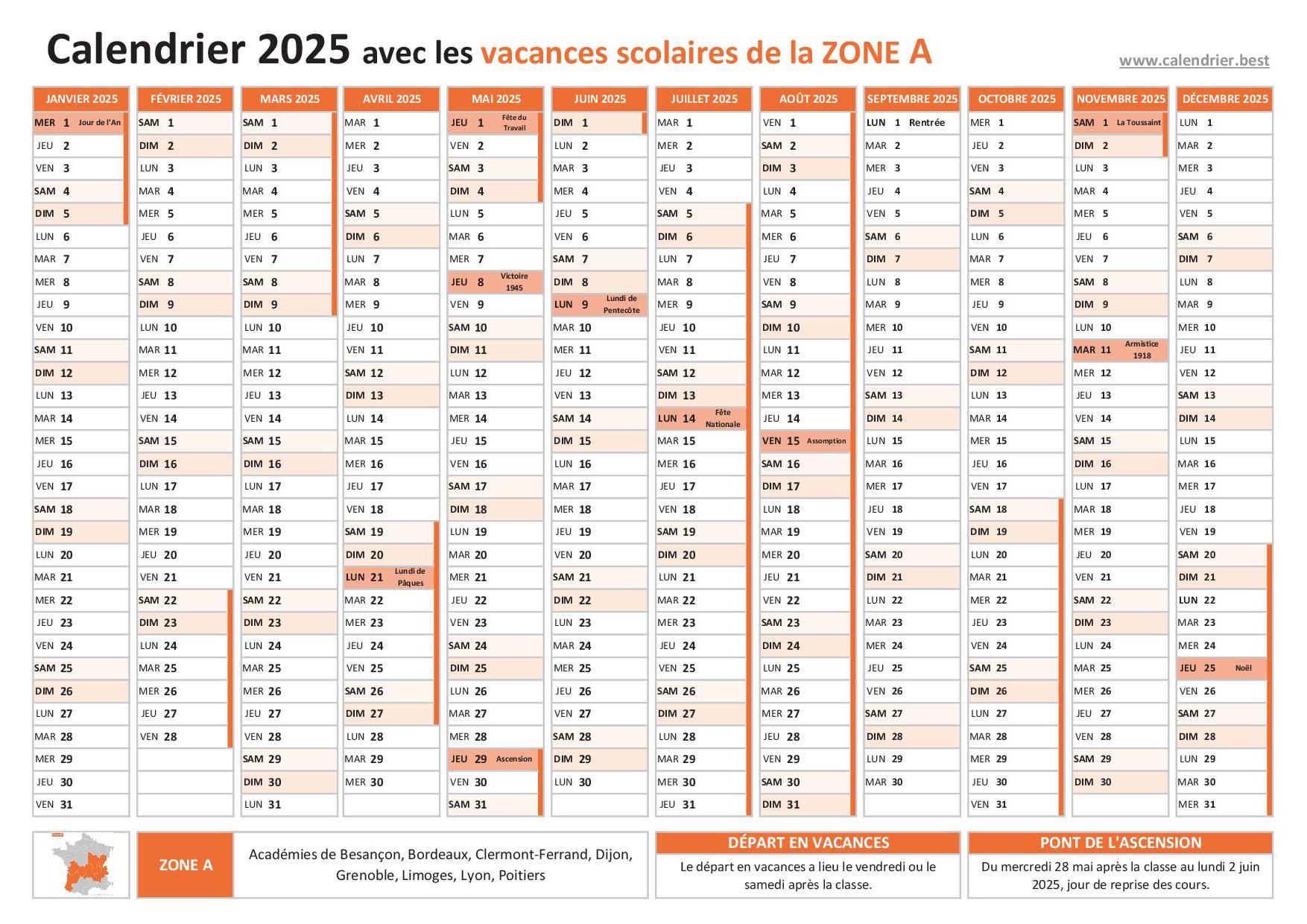 📅 Calendrier 2025 à imprimer vacances scolaires, jours fériés et