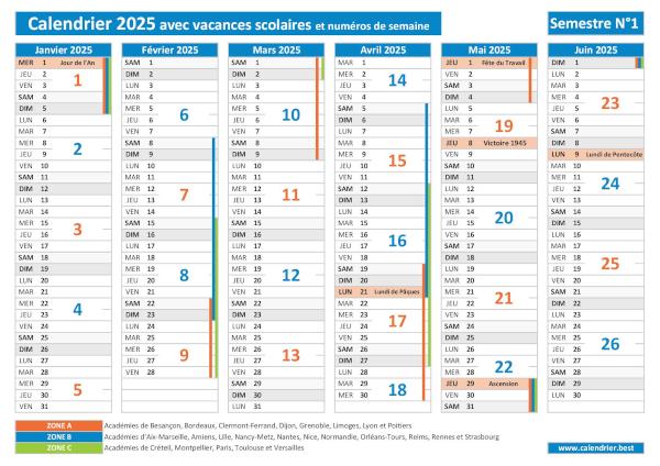 Calendrier semestre 1 de 2025 avec les vacances scolaires, jours fériés et numéros de semaines paires et impaires à télécharger en PDF ou JPG Calendrier semestre 1 de 2025 avec vacances scolaires, jours fériés et numéros de semaines à imprimer