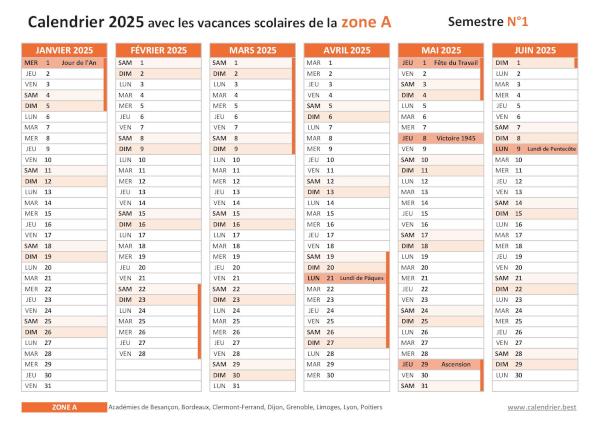Télécharger le calendrier 2025 semestre 1 pour la zone A avec vacances scolaires, jours fériés et numéros de semaines Calendrier 2025 semestre 1 avec vacances scolaires et jours fériés pour la zone A à imprimer