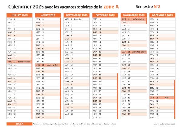 Télécharger le calendrier 2025 semestre 2 pour la zone A avec vacances scolaires, jours fériés et numéros de semaines Calendrier 2025 semestre 2 avec vacances scolaires et jours fériés pour la zone A à imprimer