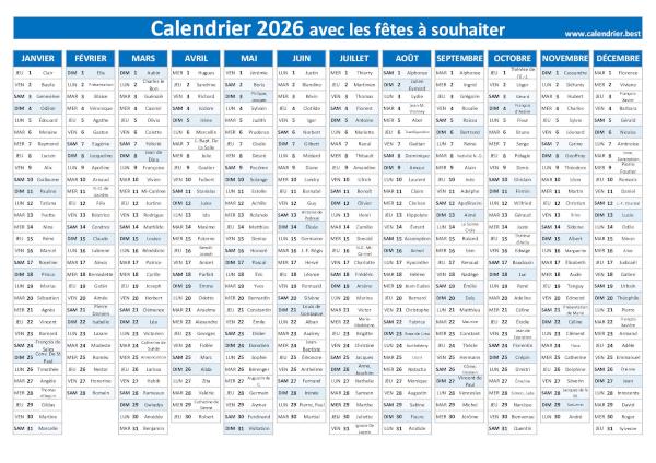 calendrier 2026 avec saints