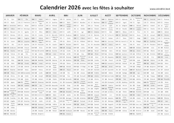 calendrier 2026 avec saints