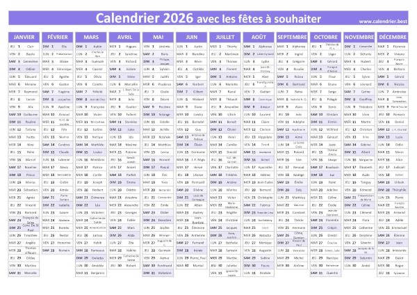 calendrier 2026 avec saints