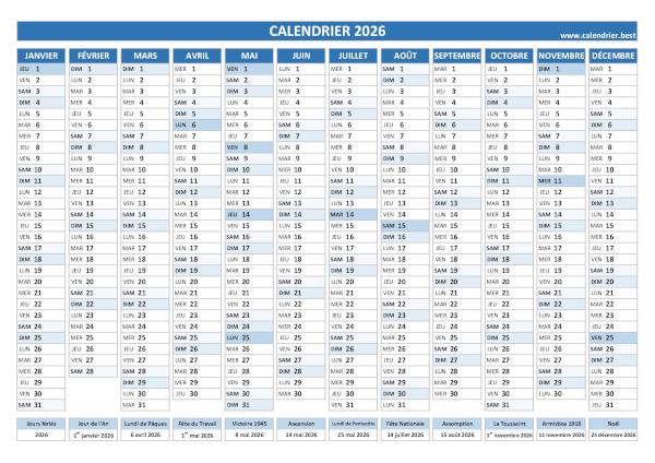 calendrier 2026 avec dates des fêtes légales