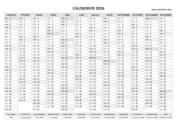 calendrier 2026 avec dates des fêtes légales